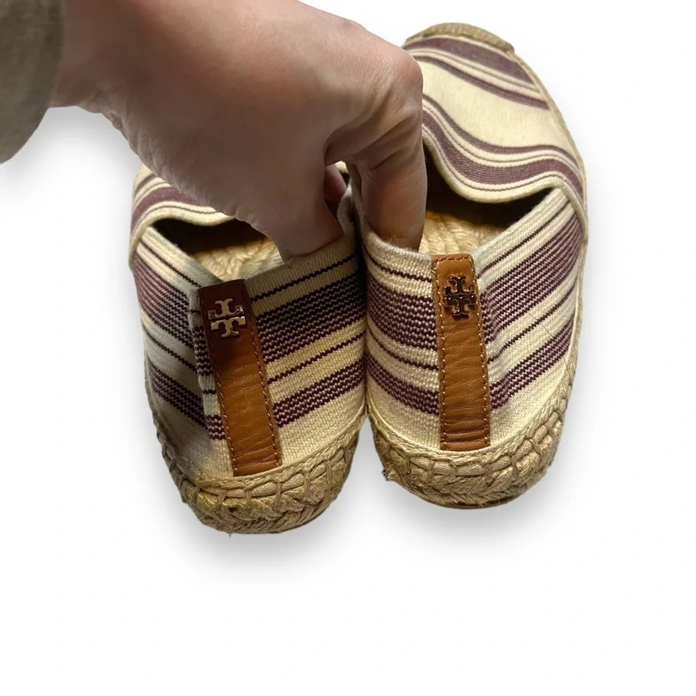 Tory Burch Awning Ivory Royal Tan Plum Espadrille Women's Size 8.5